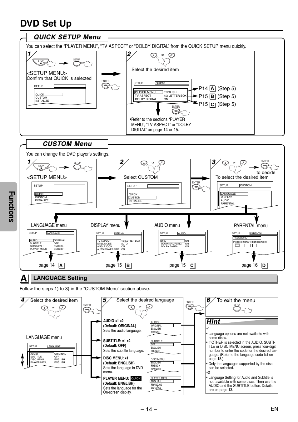 Dvd set up, Functions, Cust | Cust om men om men u u, Hint, Quick setup men uick setup men u u, Language setting | Symphonic WF104 User Manual | Page 14 / 20