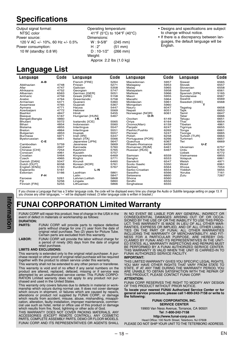 Specifications, Warranty info, Language list | Funai corporation limited warranty, Inf ormation | Symphonic WF104 User Manual | Page 18 / 20