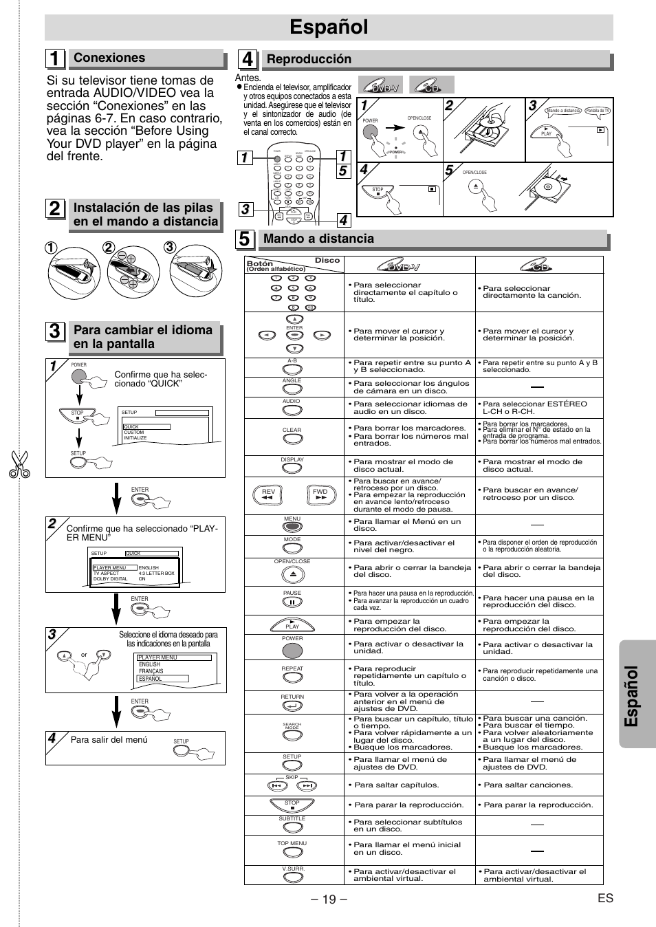Español, Conexiones, Para cambiar el idioma en la pantalla | Reproducción, Mando a distancia, Instalación de las pilas en el mando a distancia | Symphonic WF104 User Manual | Page 19 / 20