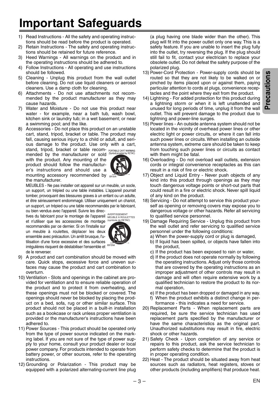 Important safeguards, Precautions | Symphonic WF104 User Manual | Page 3 / 20