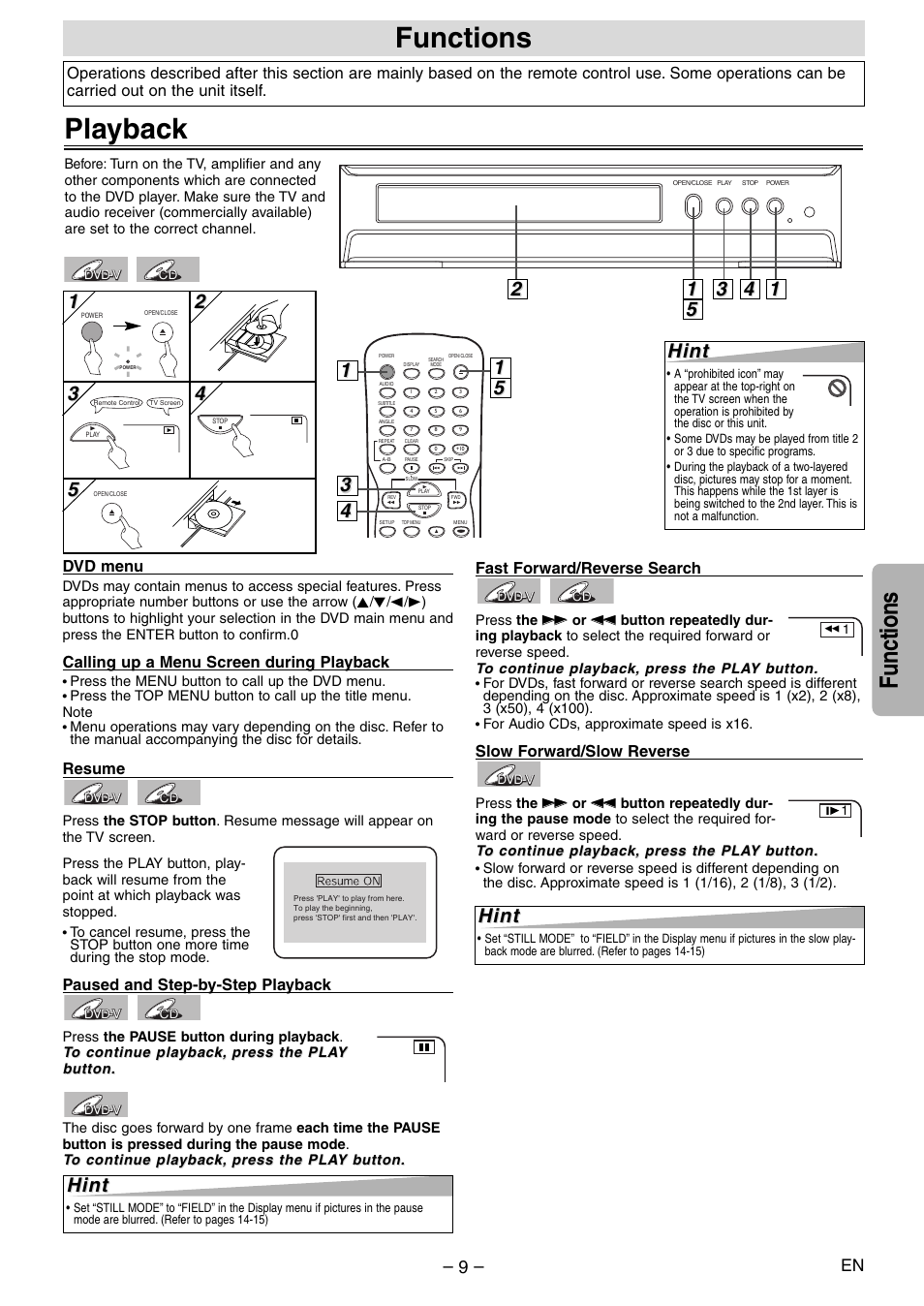 Functions, Playback, Hint | 5hint hint, 1hint hint | Symphonic WF104 User Manual | Page 9 / 20