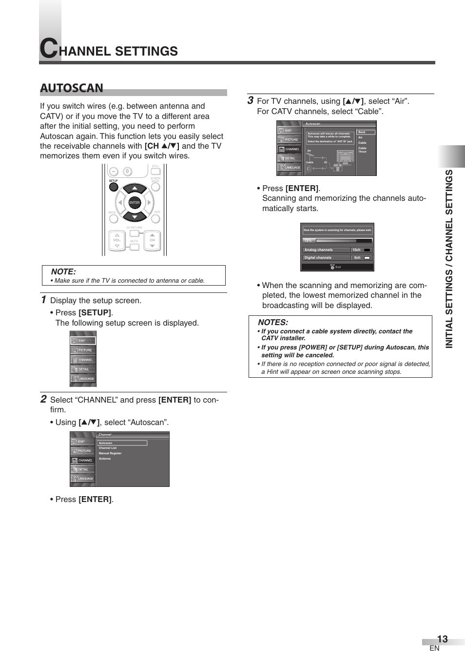 Autoscan, Hannel settings, Initial settings / channel settings | Symphonic WF32L6 User Manual | Page 13 / 36