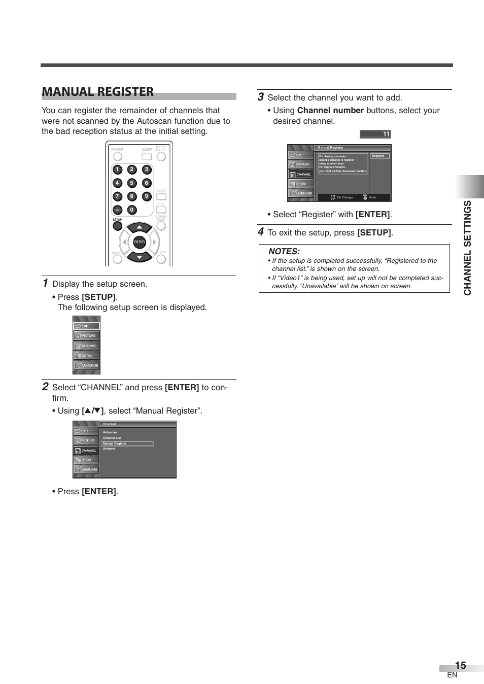 Manual register, Channel settings | Symphonic WF32L6 User Manual | Page 15 / 36
