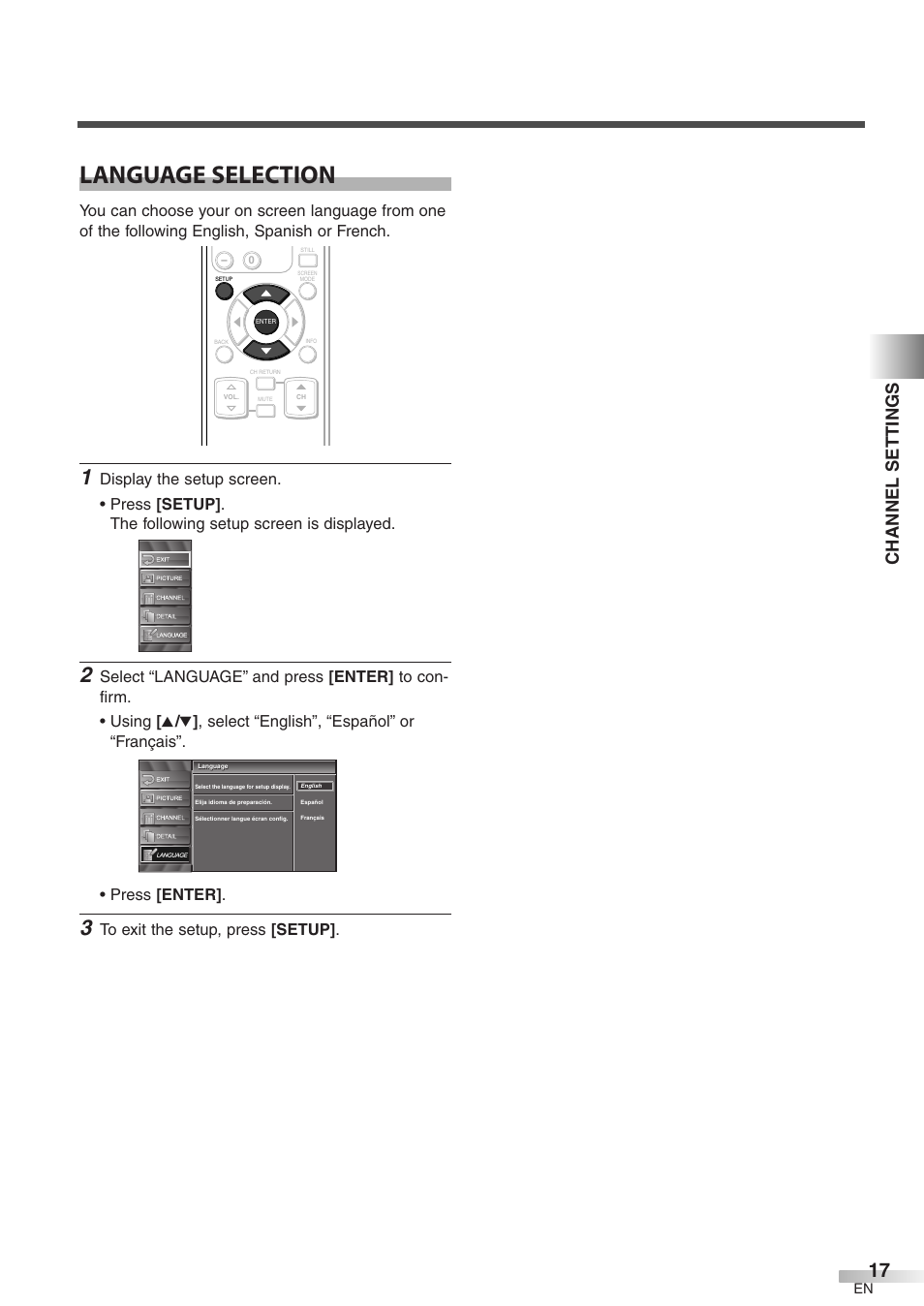 Language selection, Channel settings | Symphonic WF32L6 User Manual | Page 17 / 36