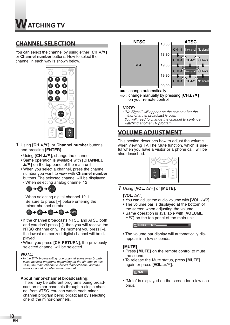 Channel selection, Volume adjustment, Atching tv | Atsc, Ntsc | Symphonic WF32L6 User Manual | Page 18 / 36