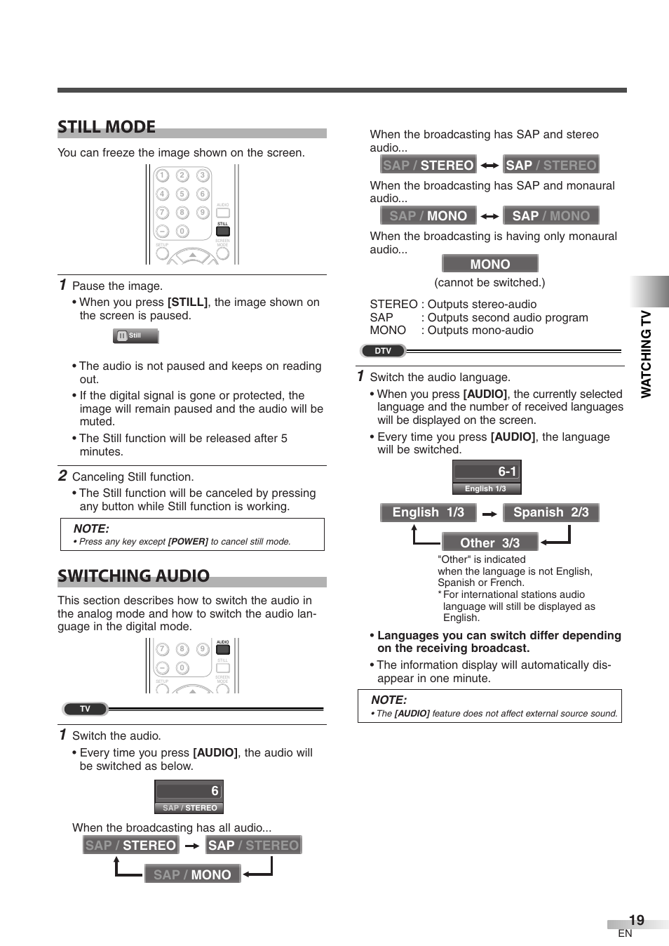 Still mode, Switching audio, Wa t ching tv | Sap / stereo sap / stereo sap / mono 6 | Symphonic WF32L6 User Manual | Page 19 / 36