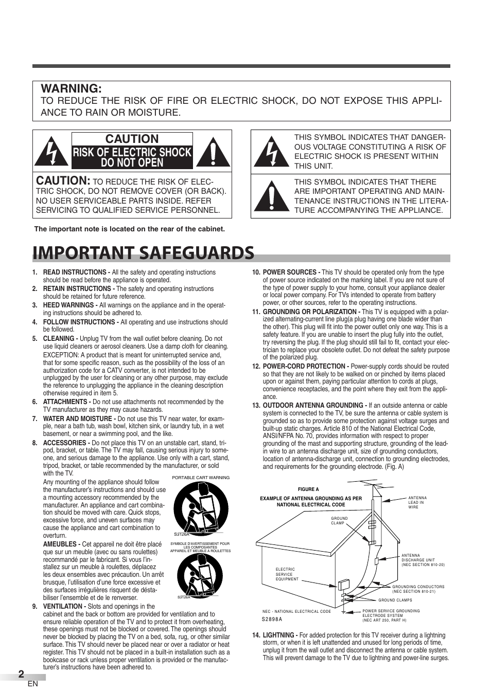 Important safeguards, Caution, Caution risk of electric shock do not open | Warning | Symphonic WF32L6 User Manual | Page 2 / 36