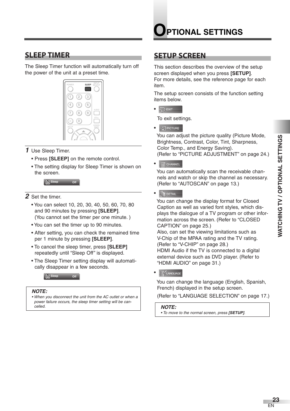 Ptional settings setup screen, Sleep timer, Wa tching tv / optional settings | Symphonic WF32L6 User Manual | Page 23 / 36