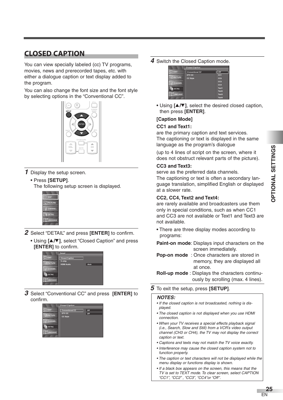 Closed caption, Optional settings | Symphonic WF32L6 User Manual | Page 25 / 36