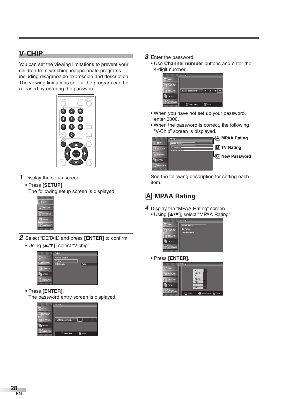 V-chip, A mpaa rating, A mpaa rating b tv rating c new password | Symphonic WF32L6 User Manual | Page 28 / 36