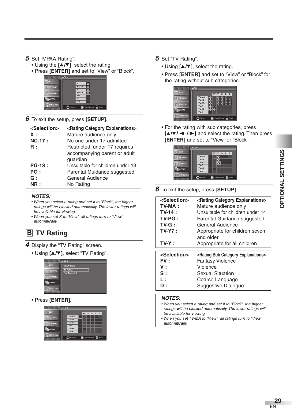 B tv rating, Optional settings | Symphonic WF32L6 User Manual | Page 29 / 36