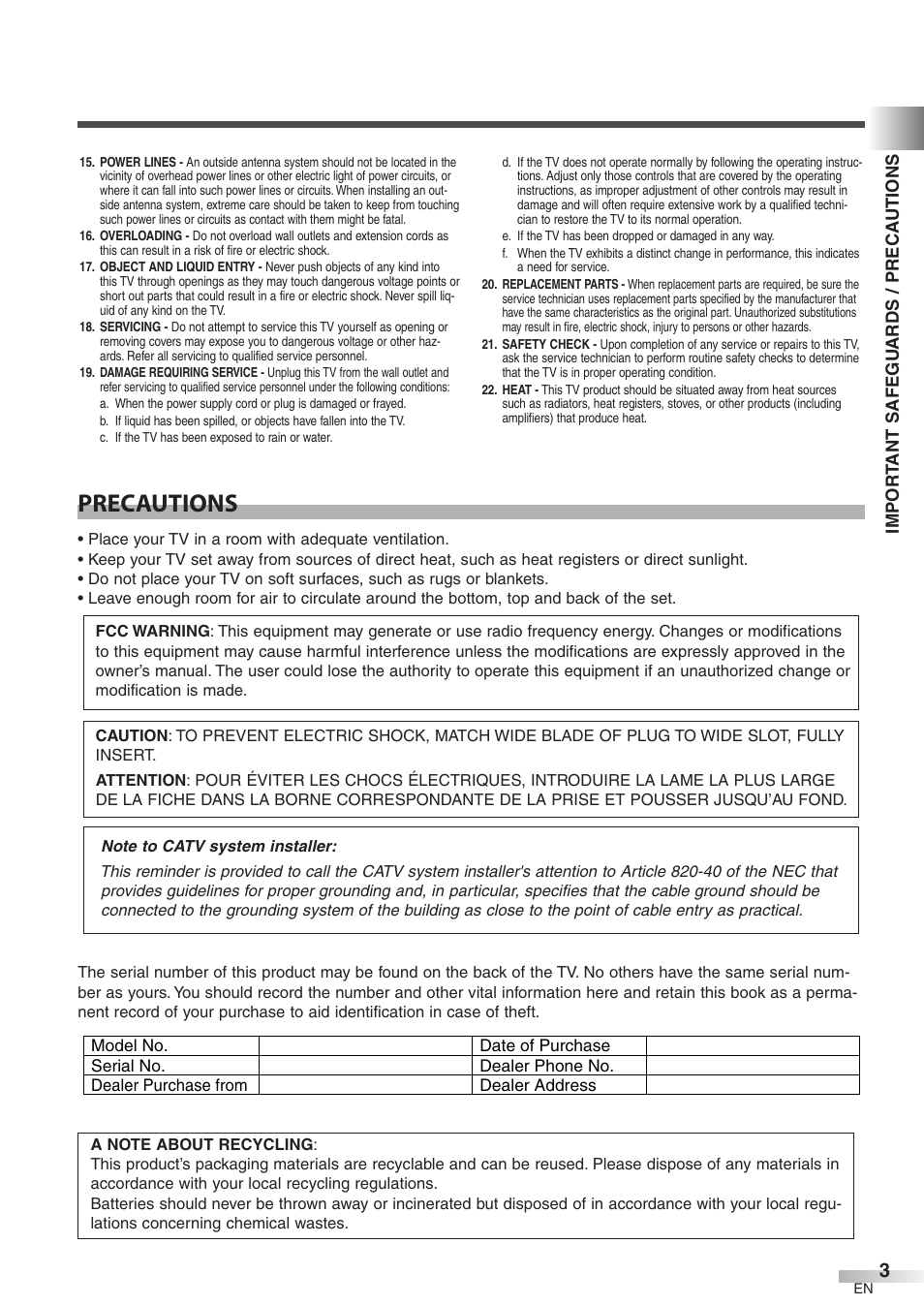 Precautions | Symphonic WF32L6 User Manual | Page 3 / 36