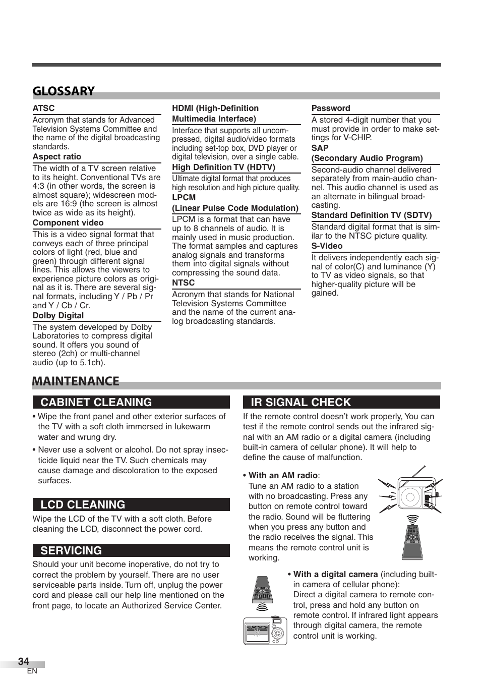 Maintenance glossary, Cabinet cleaning, Lcd cleaning | Servicing, Ir signal check | Symphonic WF32L6 User Manual | Page 34 / 36