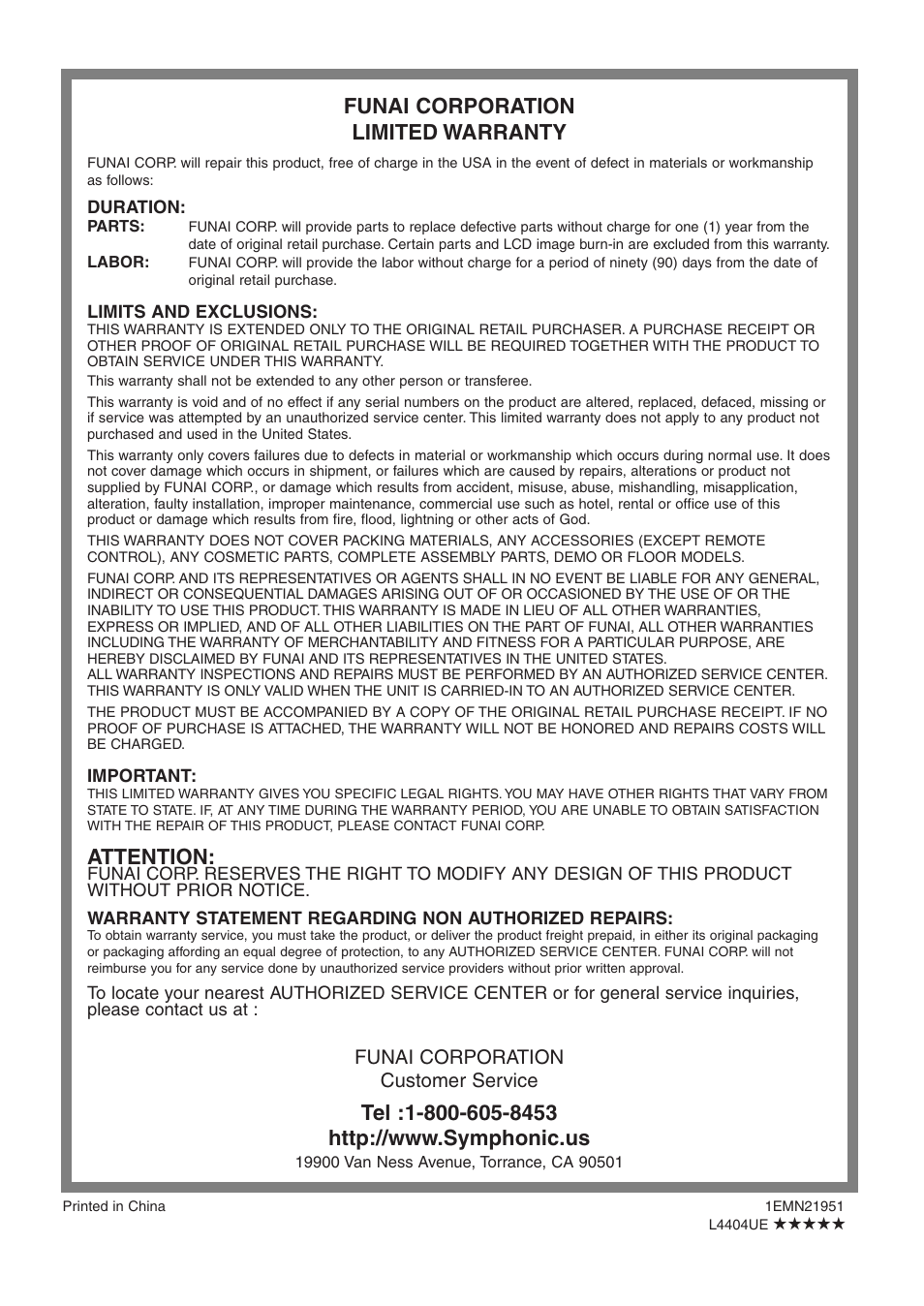Funai corporation limited warranty, Attention | Symphonic WF32L6 User Manual | Page 36 / 36