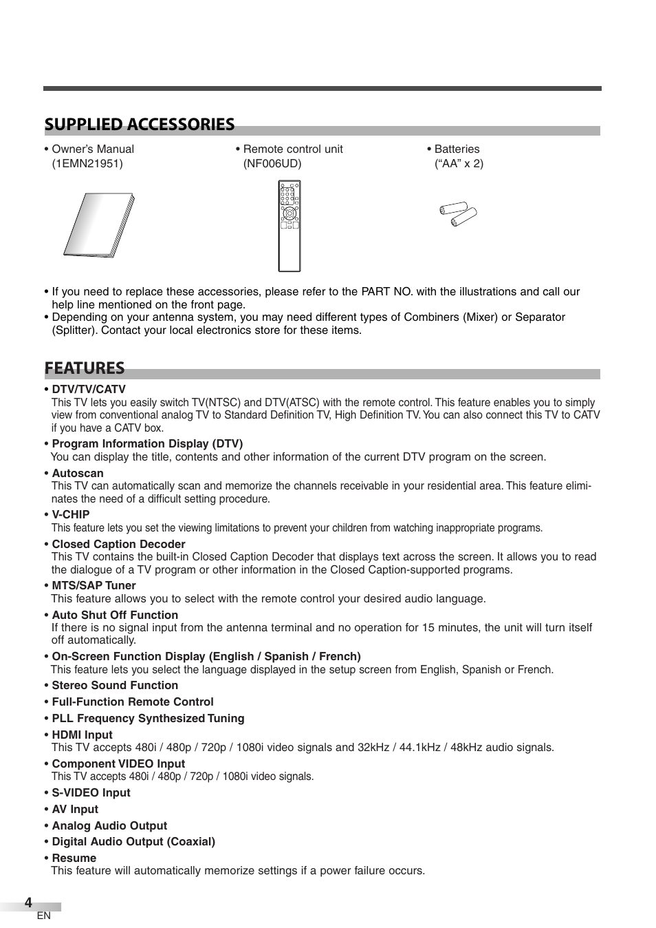 Features supplied accessories | Symphonic WF32L6 User Manual | Page 4 / 36
