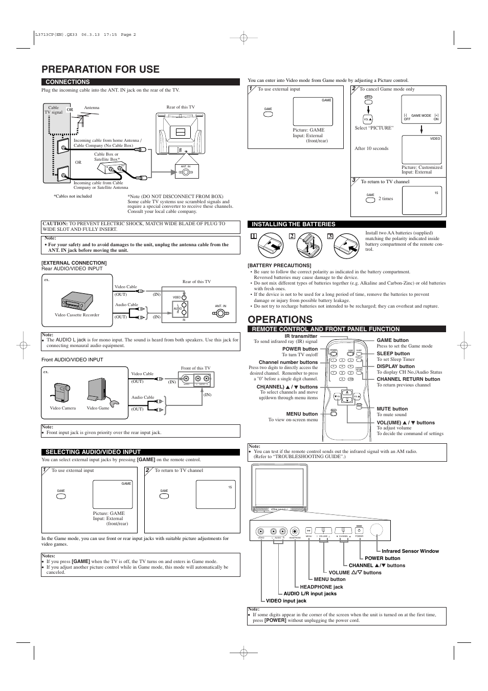 Preparation for use, Operations | Symphonic CST427G User Manual | Page 2 / 4
