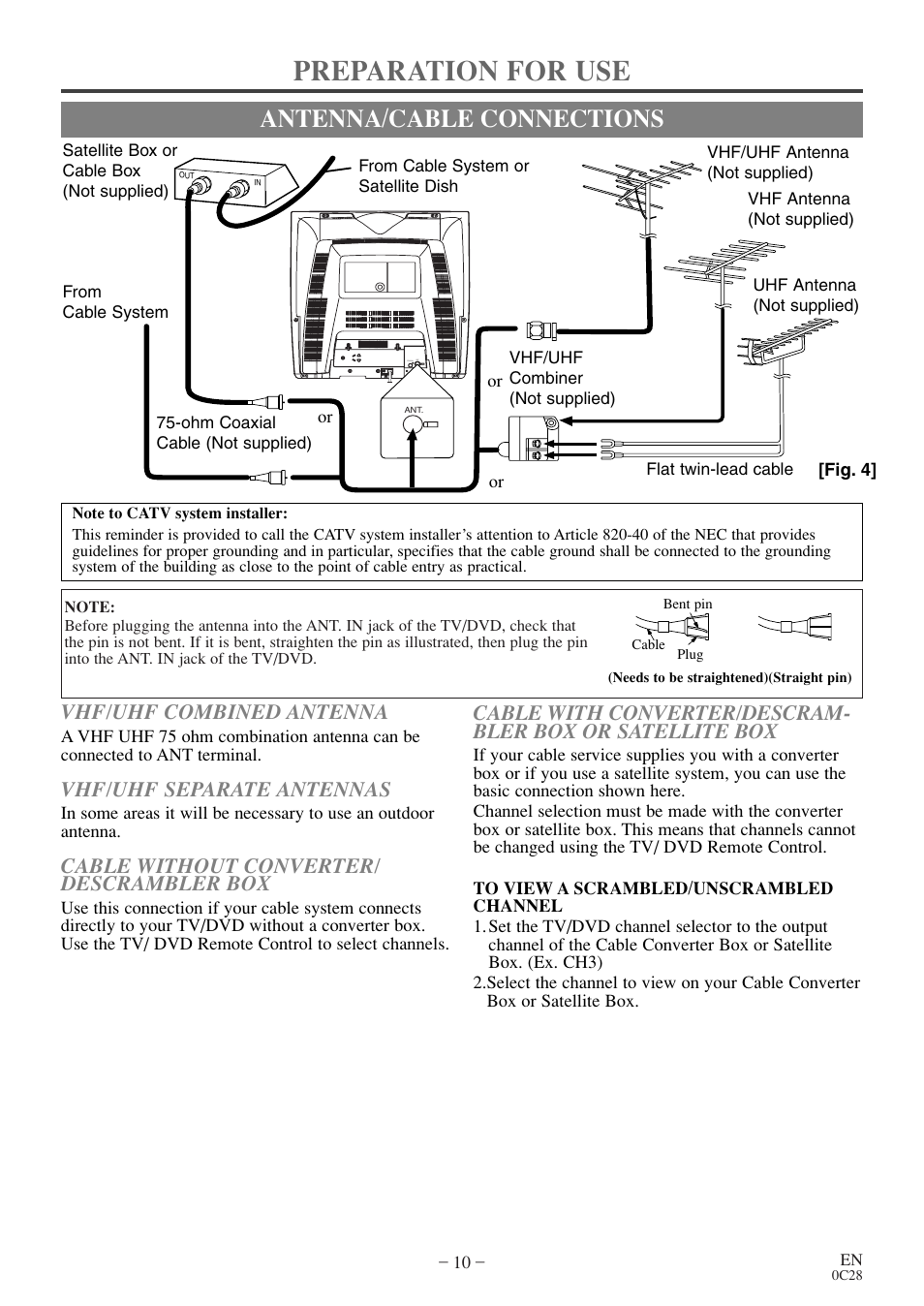 Preparation for use, Antenna/cable connections, Vhf/uhf combined antenna | Vhf/uhf separate antennas, Cable without converter/ descrambler box | Symphonic COLOR TV/DVD User Manual | Page 10 / 40