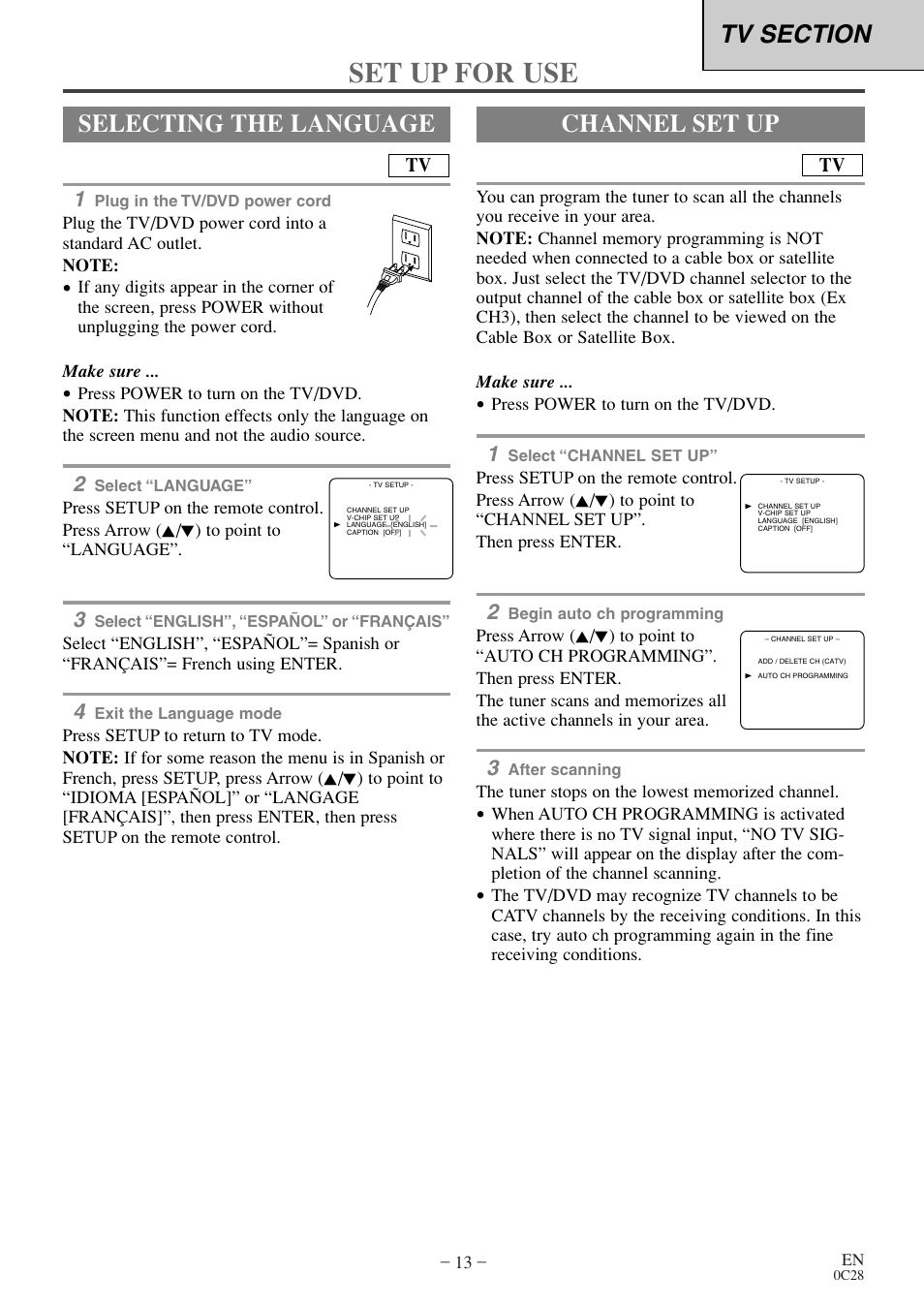 Set up for use, Selecting the language, Channel set up | Symphonic COLOR TV/DVD User Manual | Page 13 / 40
