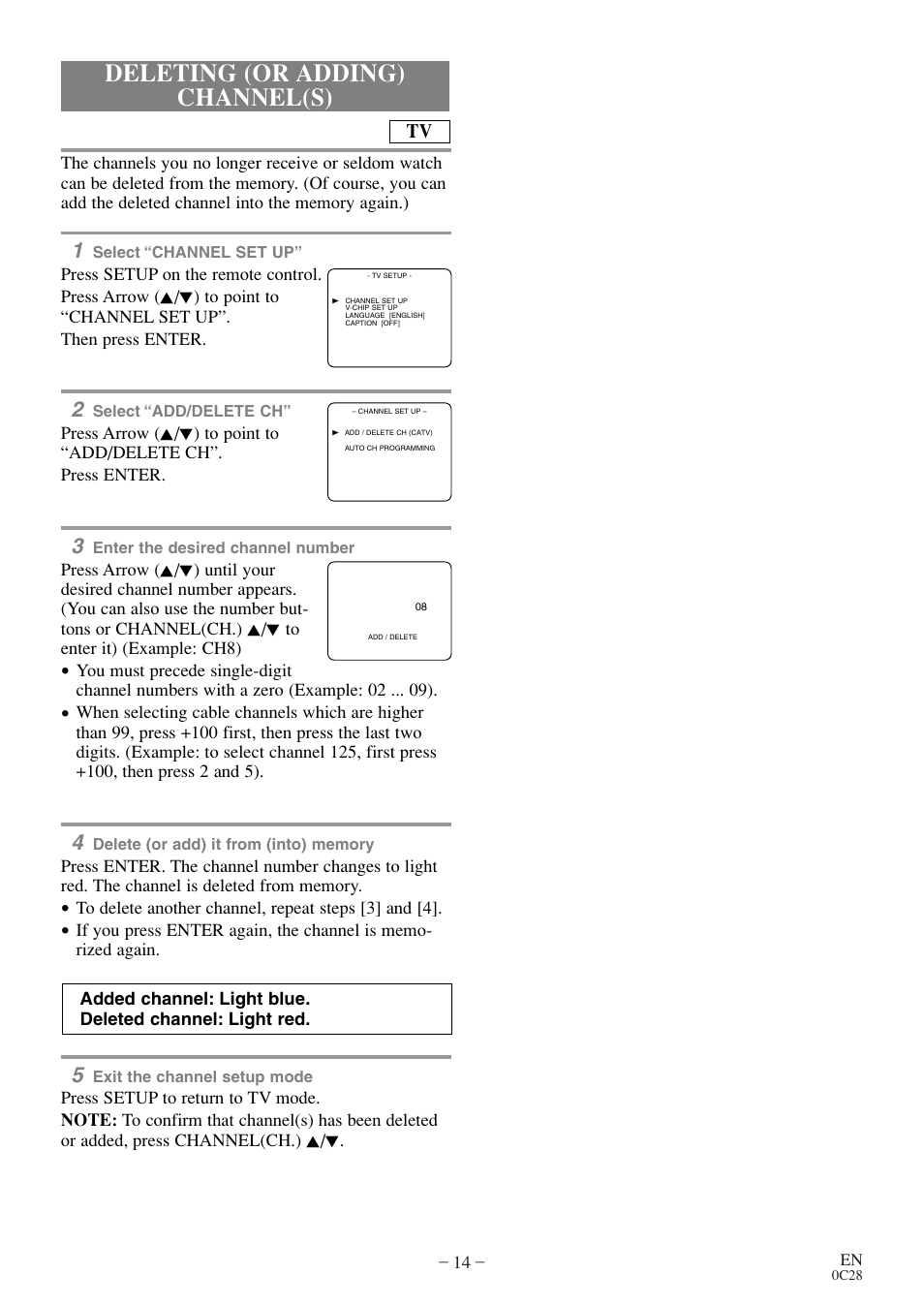 Deleting (or adding) channel(s) | Symphonic COLOR TV/DVD User Manual | Page 14 / 40