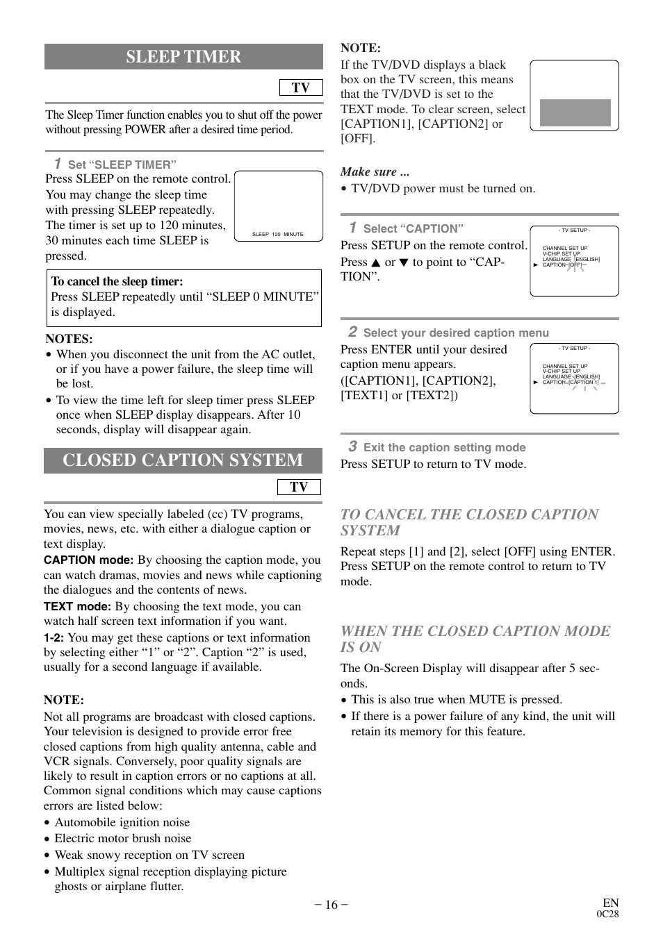 Closed caption system, Sleep timer, When the closed caption mode is on | Symphonic COLOR TV/DVD User Manual | Page 16 / 40