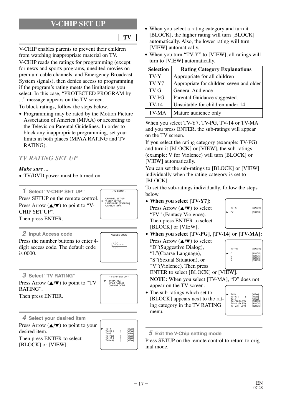 V-chip set up, Tv rating set up, Make sure | Tv/dvd power must be turned on | Symphonic COLOR TV/DVD User Manual | Page 17 / 40