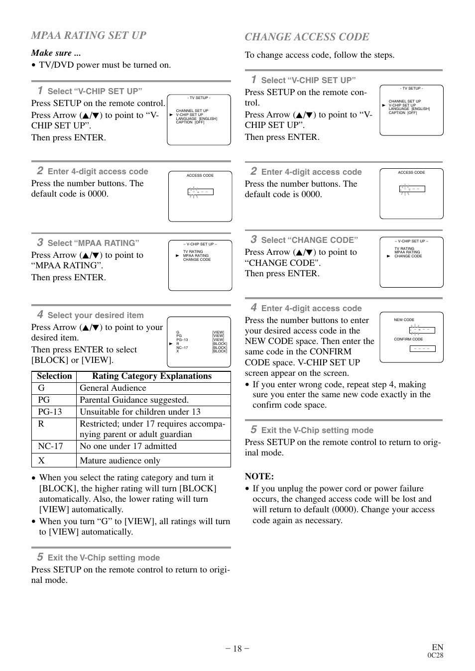 Mpaa rating set up, Change access code, Make sure | Tv/dvd power must be turned on, Press the number buttons. the default code is 0000 | Symphonic COLOR TV/DVD User Manual | Page 18 / 40