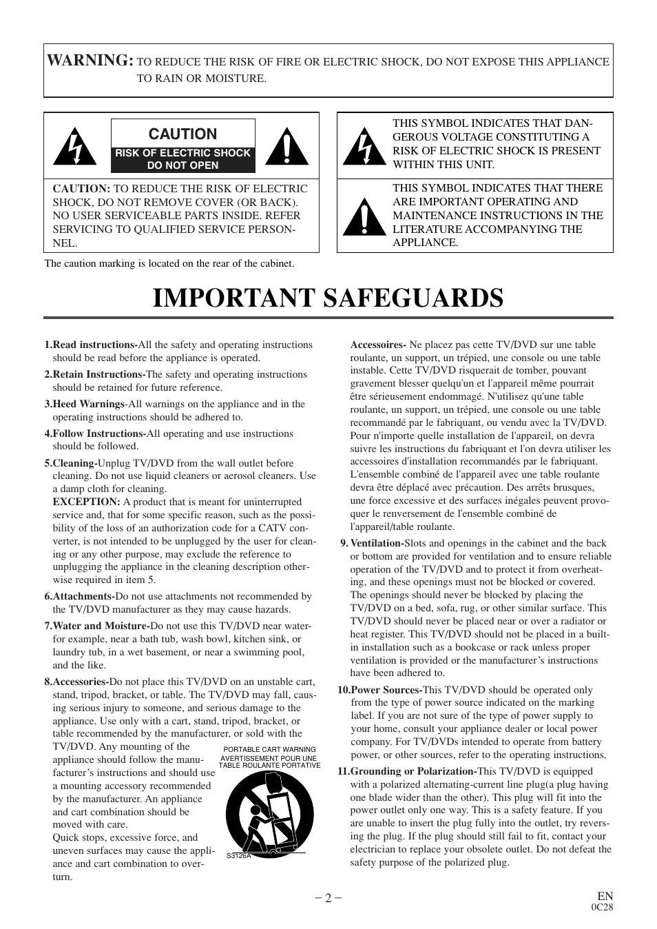 Important safeguards, Warning, Caution | Symphonic COLOR TV/DVD User Manual | Page 2 / 40