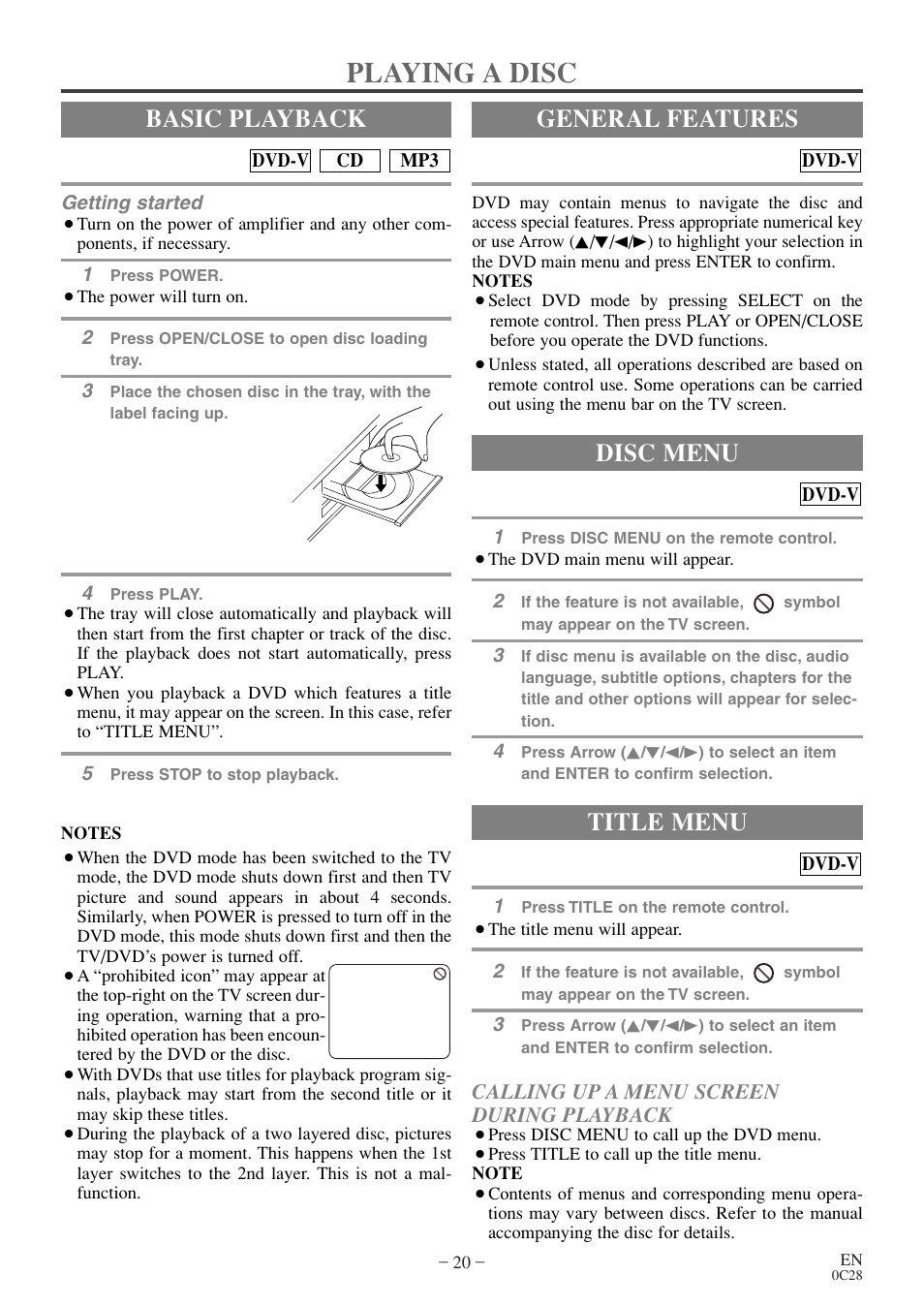Playing a disc, Basic playback, General features | Title menu, Disc menu, Calling up a menu screen during playback | Symphonic COLOR TV/DVD User Manual | Page 20 / 40