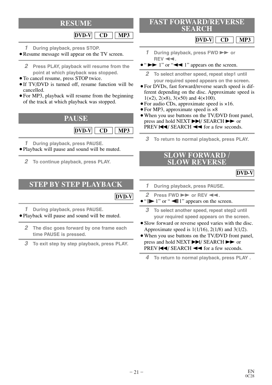 Step by step playback, Resume, Pause | Symphonic COLOR TV/DVD User Manual | Page 21 / 40