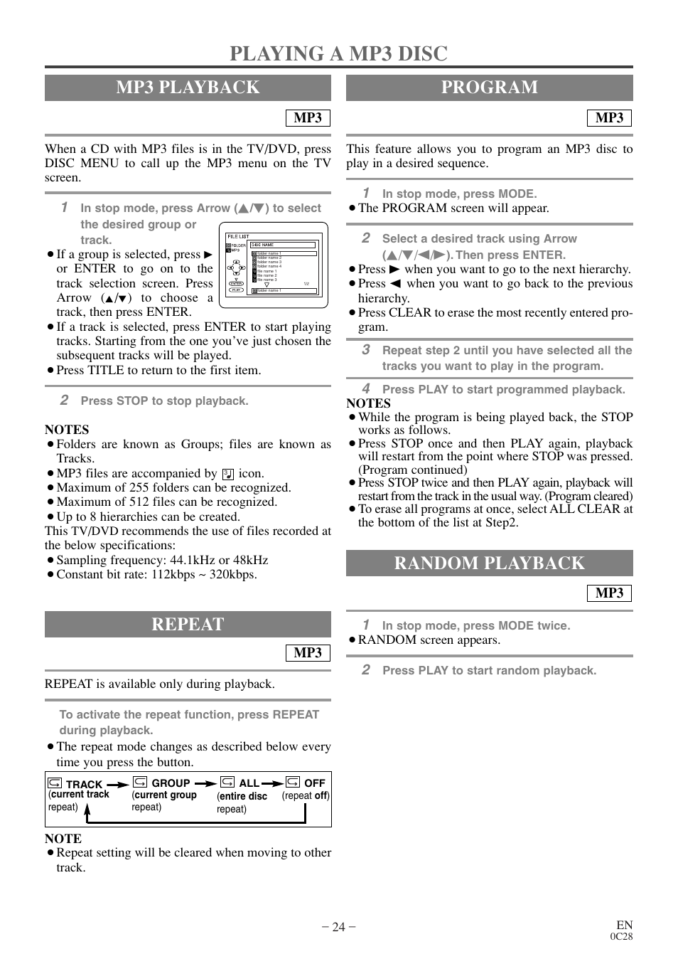 Playing a mp3 disc, Mp3 playback, Random playback | Program repeat | Symphonic COLOR TV/DVD User Manual | Page 24 / 40