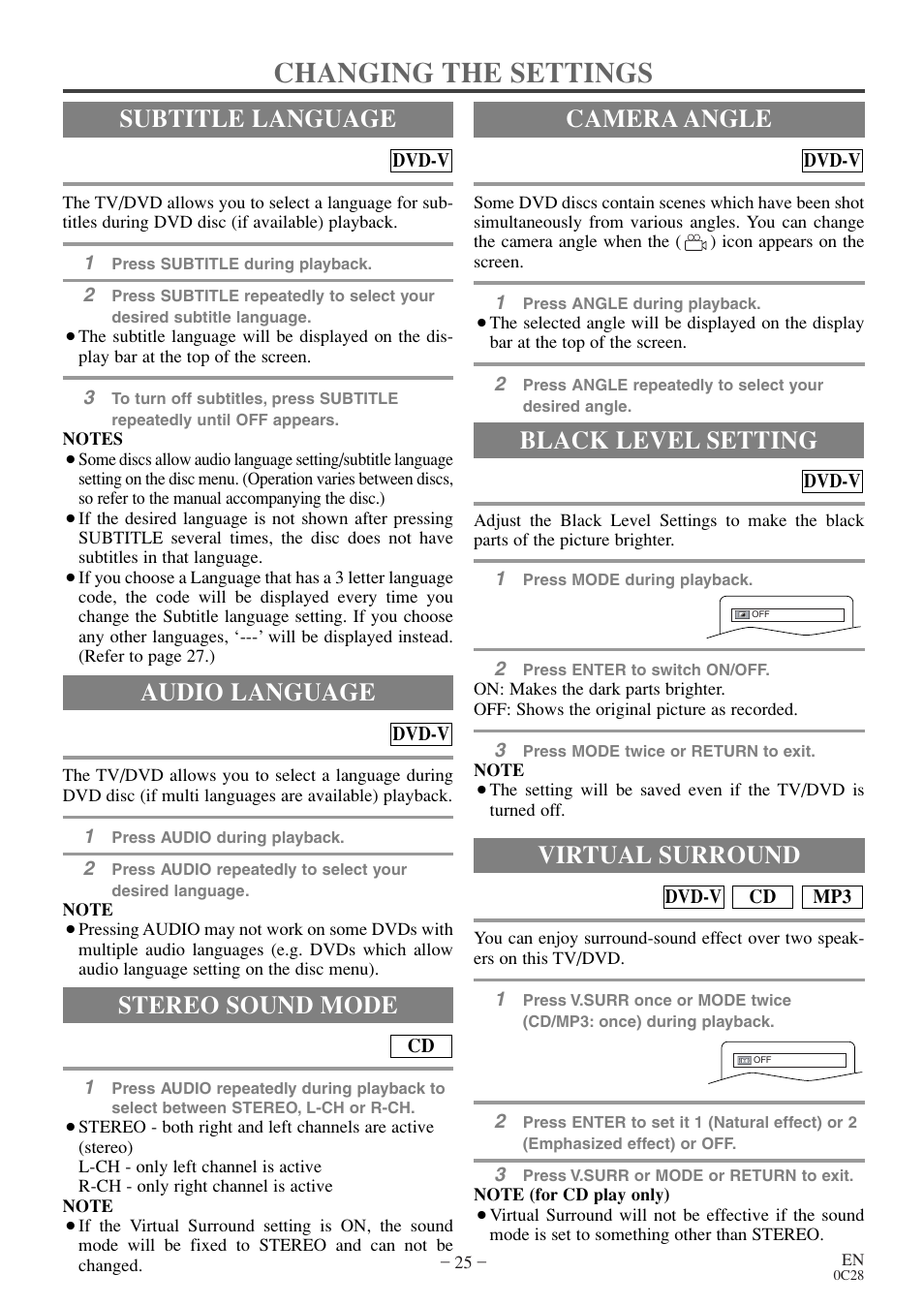 Changing the settings, Audio language, Stereo sound mode | Subtitle language camera angle, Black level setting, Virtual surround | Symphonic COLOR TV/DVD User Manual | Page 25 / 40