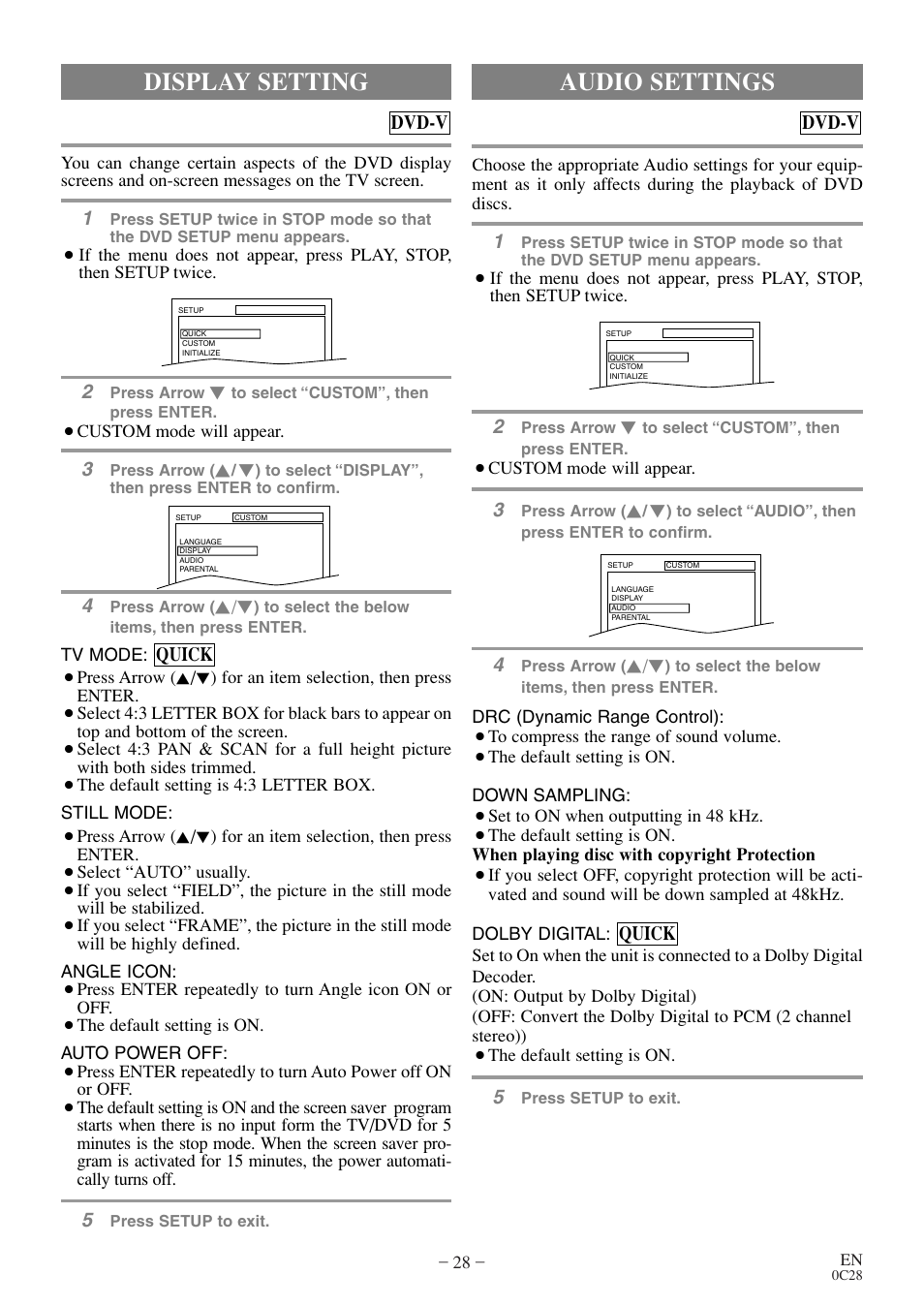 Audio settings, Display setting | Symphonic COLOR TV/DVD User Manual | Page 28 / 40