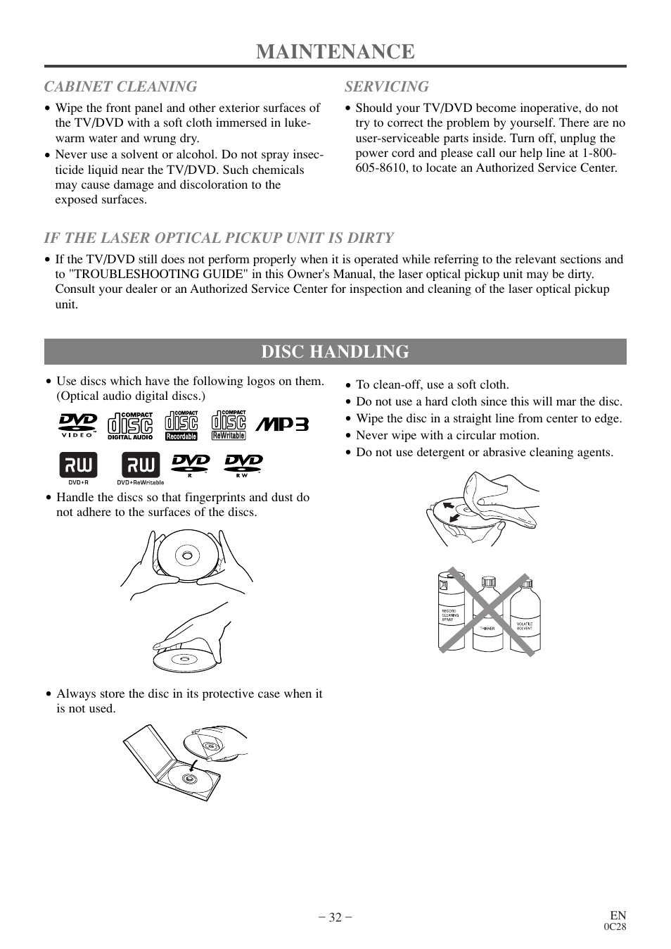 Maintenance, Disc handling | Symphonic COLOR TV/DVD User Manual | Page 32 / 40