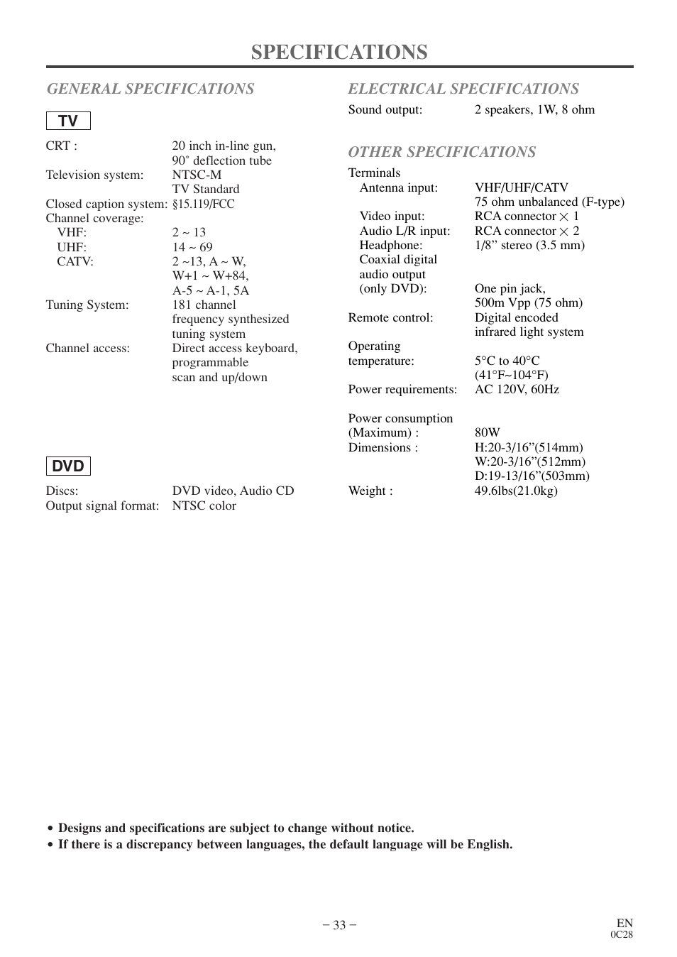 Specifications | Symphonic COLOR TV/DVD User Manual | Page 33 / 40