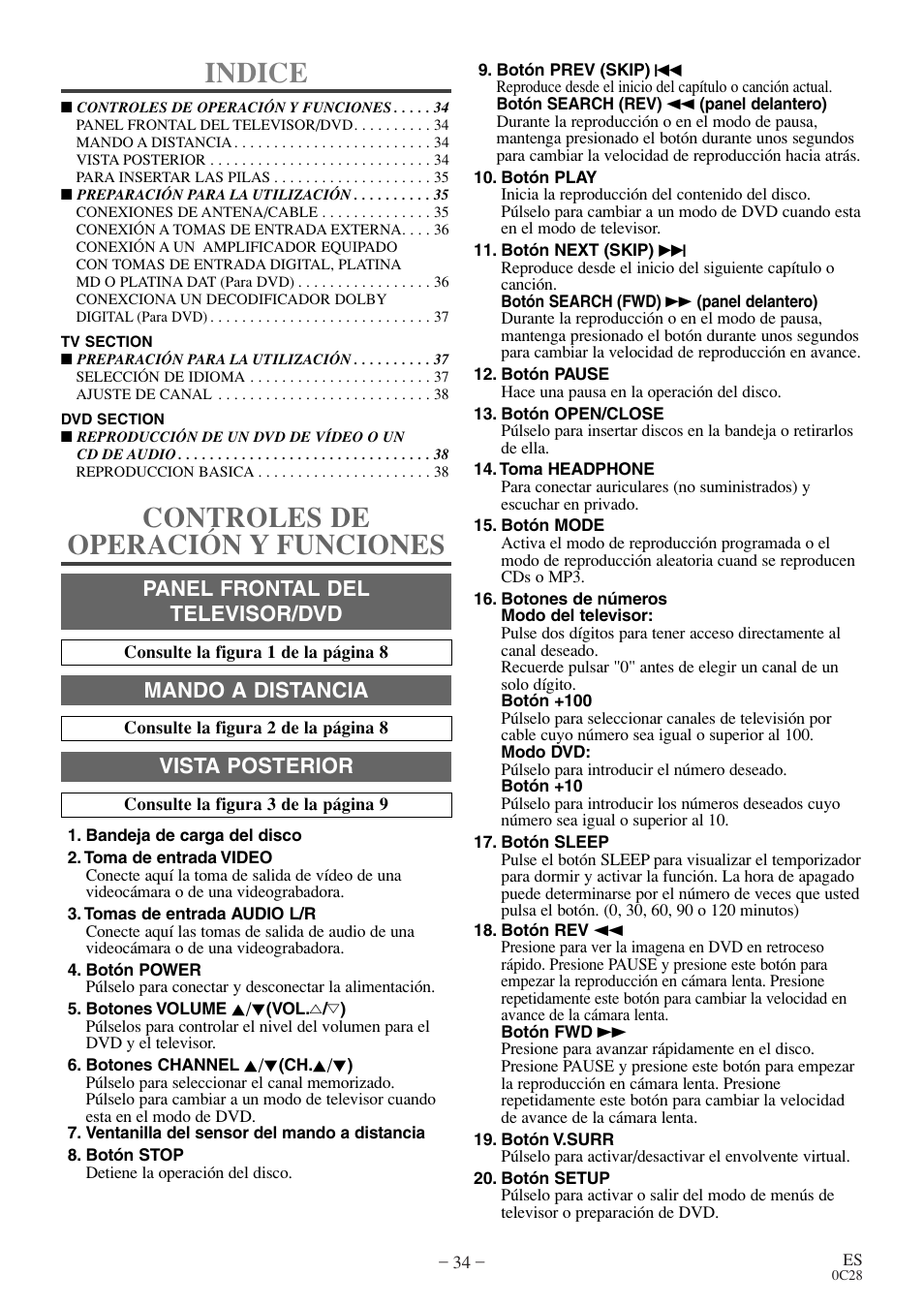 Indice, Controles de operación y funciones, Panel frontal del televisor/dvd | Mando a distancia, Vista posterior | Symphonic COLOR TV/DVD User Manual | Page 34 / 40