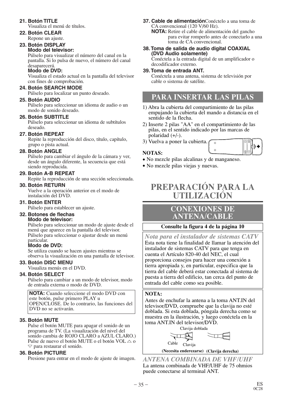Preparación para la utilización, Para insertar las pilas conexiones de antena/cable, Antena combinada de vhf/uhf | Nota para el instalador de sistemas catv | Symphonic COLOR TV/DVD User Manual | Page 35 / 40