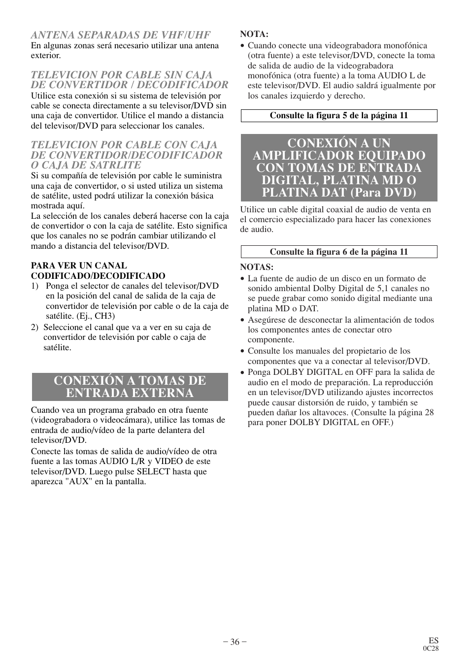 Conexión a tomas de entrada externa | Symphonic COLOR TV/DVD User Manual | Page 36 / 40