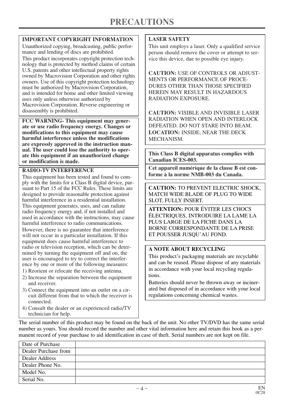 Precautions | Symphonic COLOR TV/DVD User Manual | Page 4 / 40