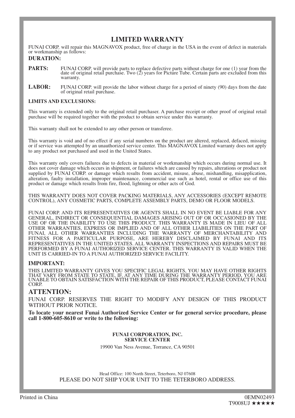 Symphonic, Limited warranty, Attention | Symphonic COLOR TV/DVD User Manual | Page 40 / 40