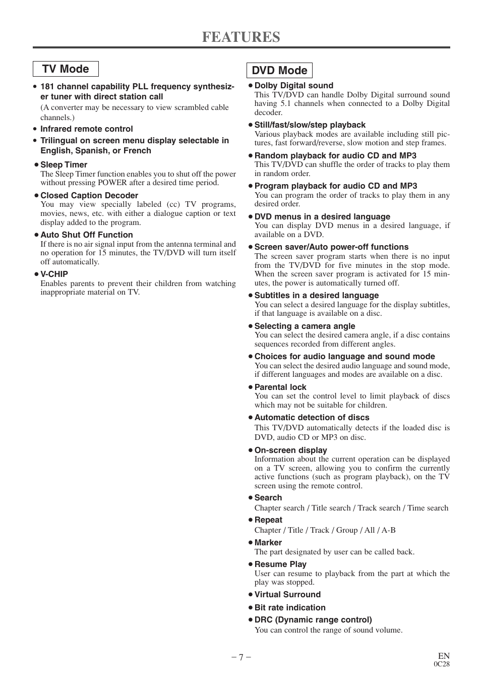 Features, Tv mode dvd mode | Symphonic COLOR TV/DVD User Manual | Page 7 / 40