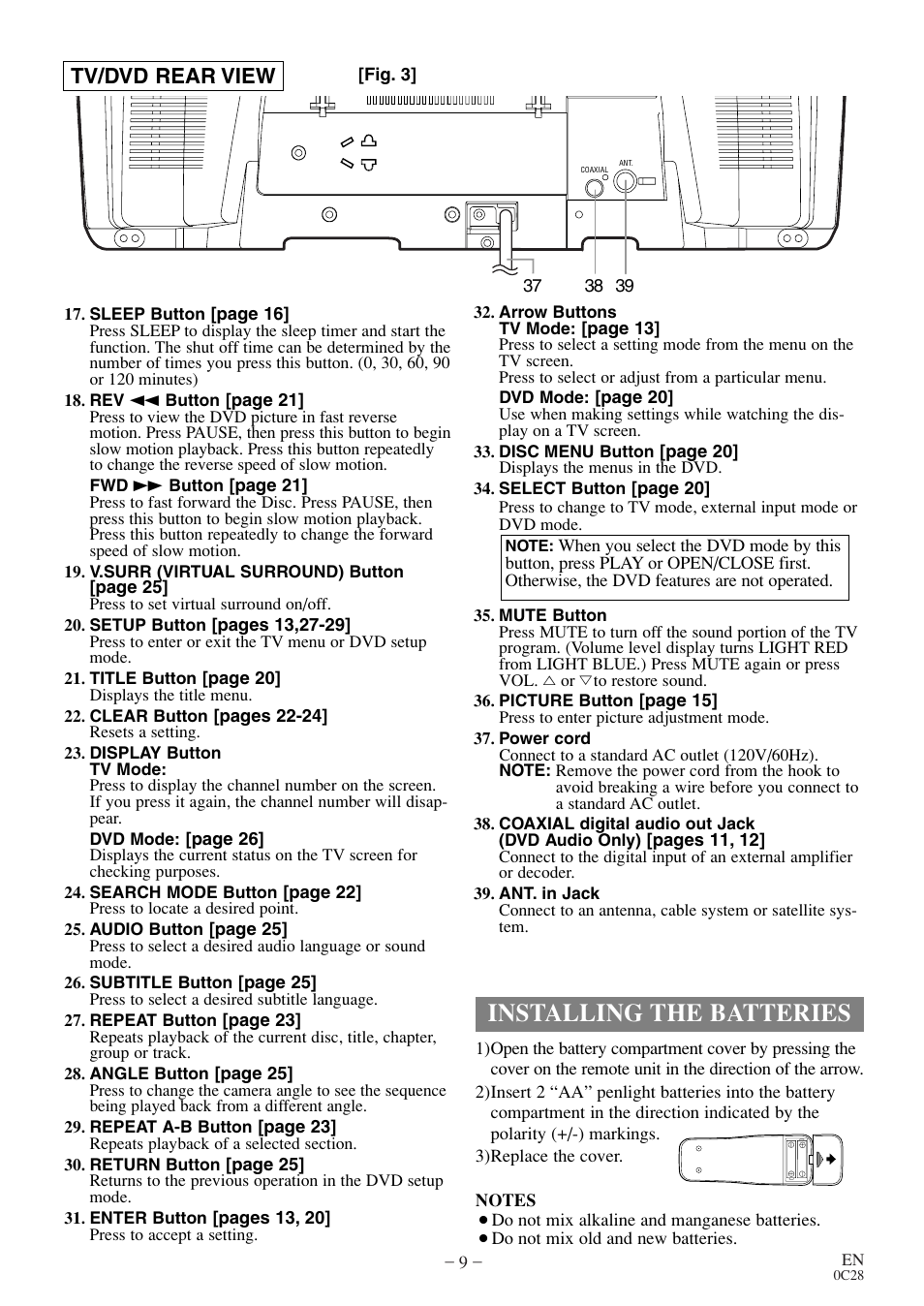 Installing the batteries, Tv/dvd rear view | Symphonic COLOR TV/DVD User Manual | Page 9 / 40