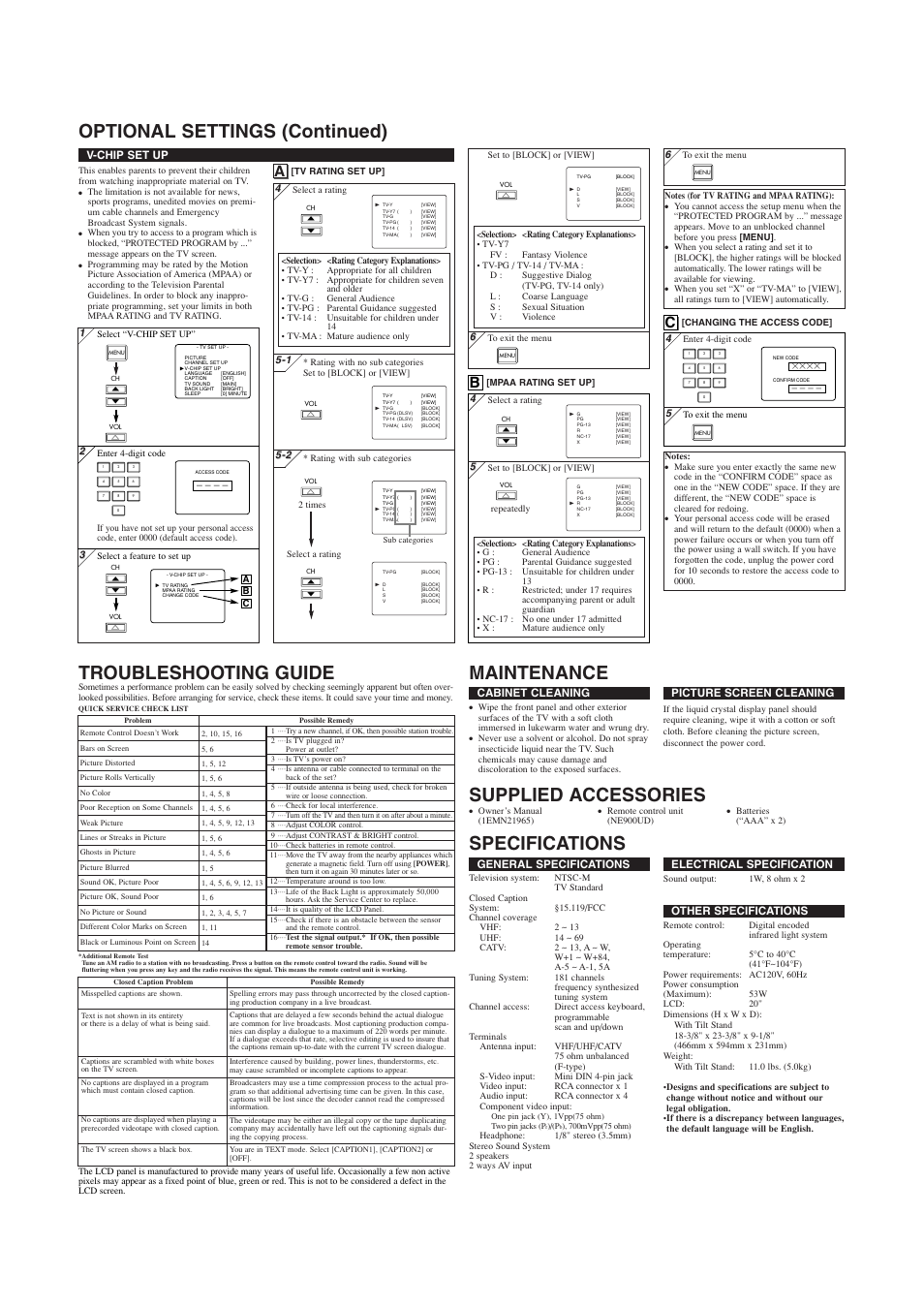Supplied accessories, General specifications, Electrical specification | Other specifications, Cabinet cleaning, Picture screen cleaning, V-chip set up | Symphonic WF20L6 User Manual | Page 4 / 8