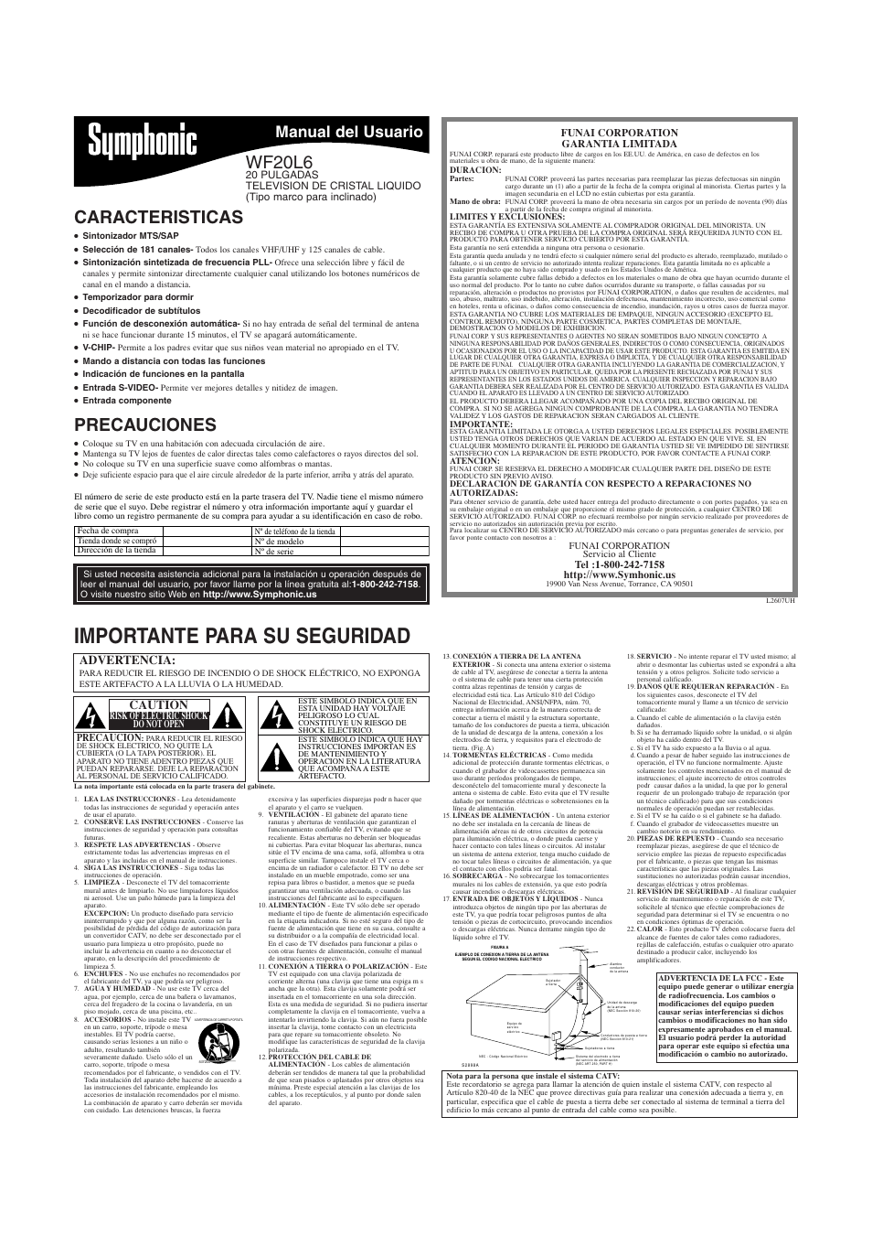 Wf20l6_l2607uh(es).pdf, Importante para su seguridad, Caracteristicas | Precauciones, Wf20l6, Manual del usuario, Advertencia, Caution | Symphonic WF20L6 User Manual | Page 5 / 8