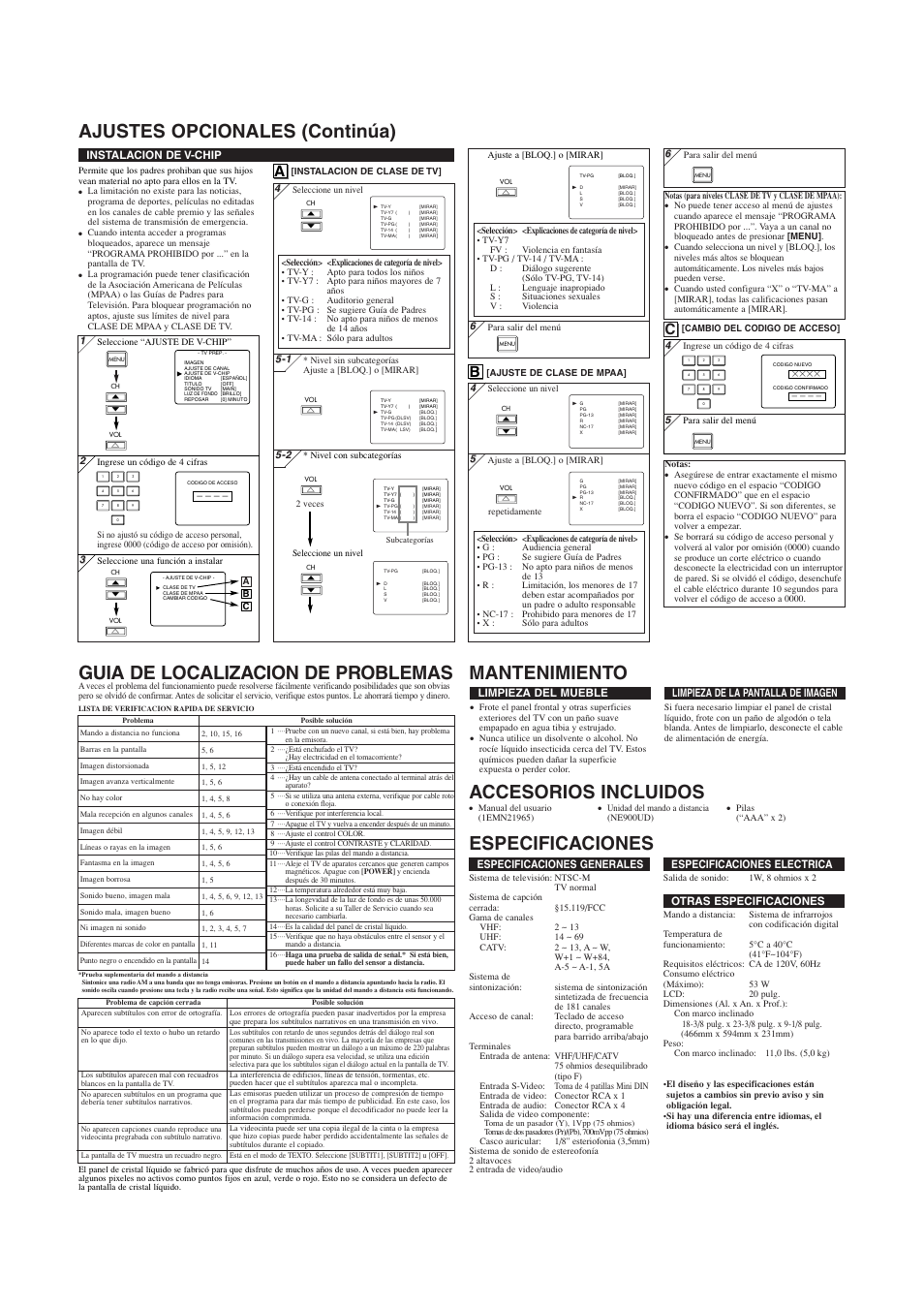 Accesorios incluidos, Especificaciones generales, Especificaciones electrica | Otras especificaciones, Limpieza del mueble, Limpieza de la pantalla de imagen, Instalacion de v-chip | Symphonic WF20L6 User Manual | Page 8 / 8