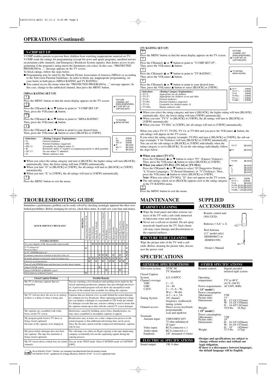 Specifications operations (continued), Maintenance, Supplied accessories troubleshooting guide | Symphonic ST413C User Manual | Page 4 / 4