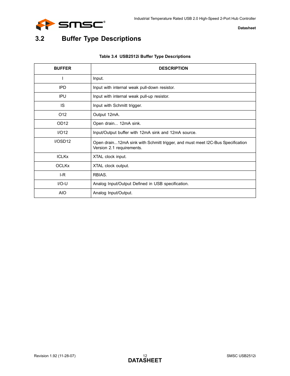 2 buffer type descriptions, Table 3.4 usb2512i buffer type descriptions, Buffer type descriptions | Datasheet | SMSC USB2512i User Manual | Page 12 / 37