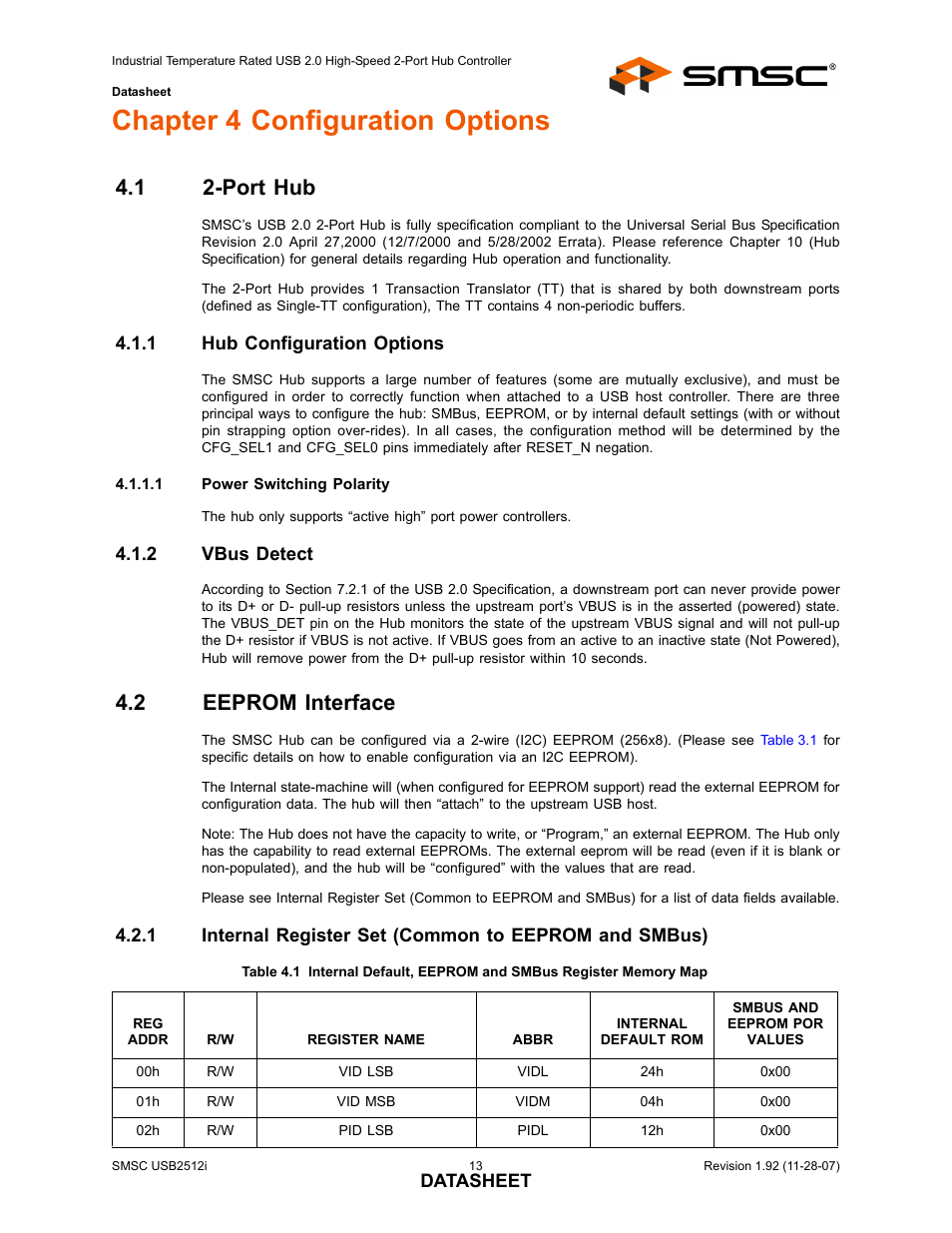 Chapter 4 configuration options, 1 2-port hub, 1 hub configuration options | 2 vbus detect, 2 eeprom interface, Port hub 4.1.1, Hub configuration options, Vbus detect, Eeprom interface 4.2.1, Internal register set (common to eeprom and smbus) | SMSC USB2512i User Manual | Page 13 / 37