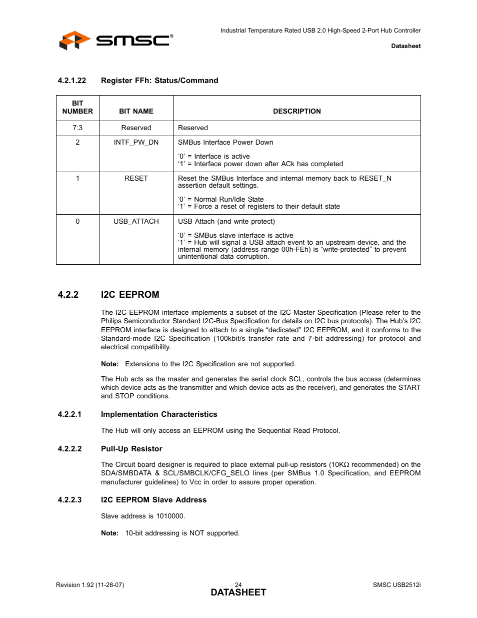 2 i2c eeprom, I2c eeprom, Datasheet | SMSC USB2512i User Manual | Page 24 / 37