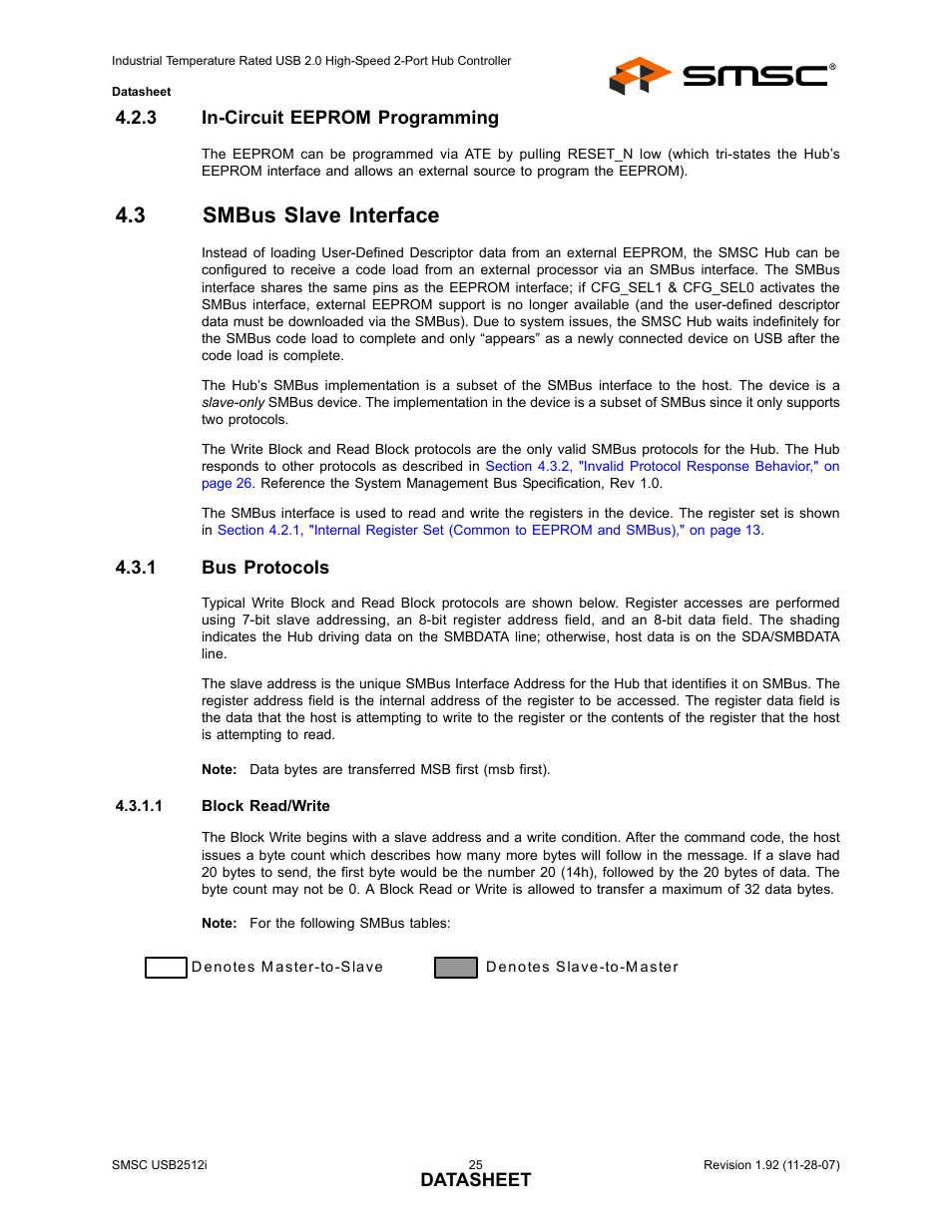 3 in-circuit eeprom programming, 3 smbus slave interface, 1 bus protocols | In-circuit eeprom programming, Smbus slave interface 4.3.1, Bus protocols | SMSC USB2512i User Manual | Page 25 / 37