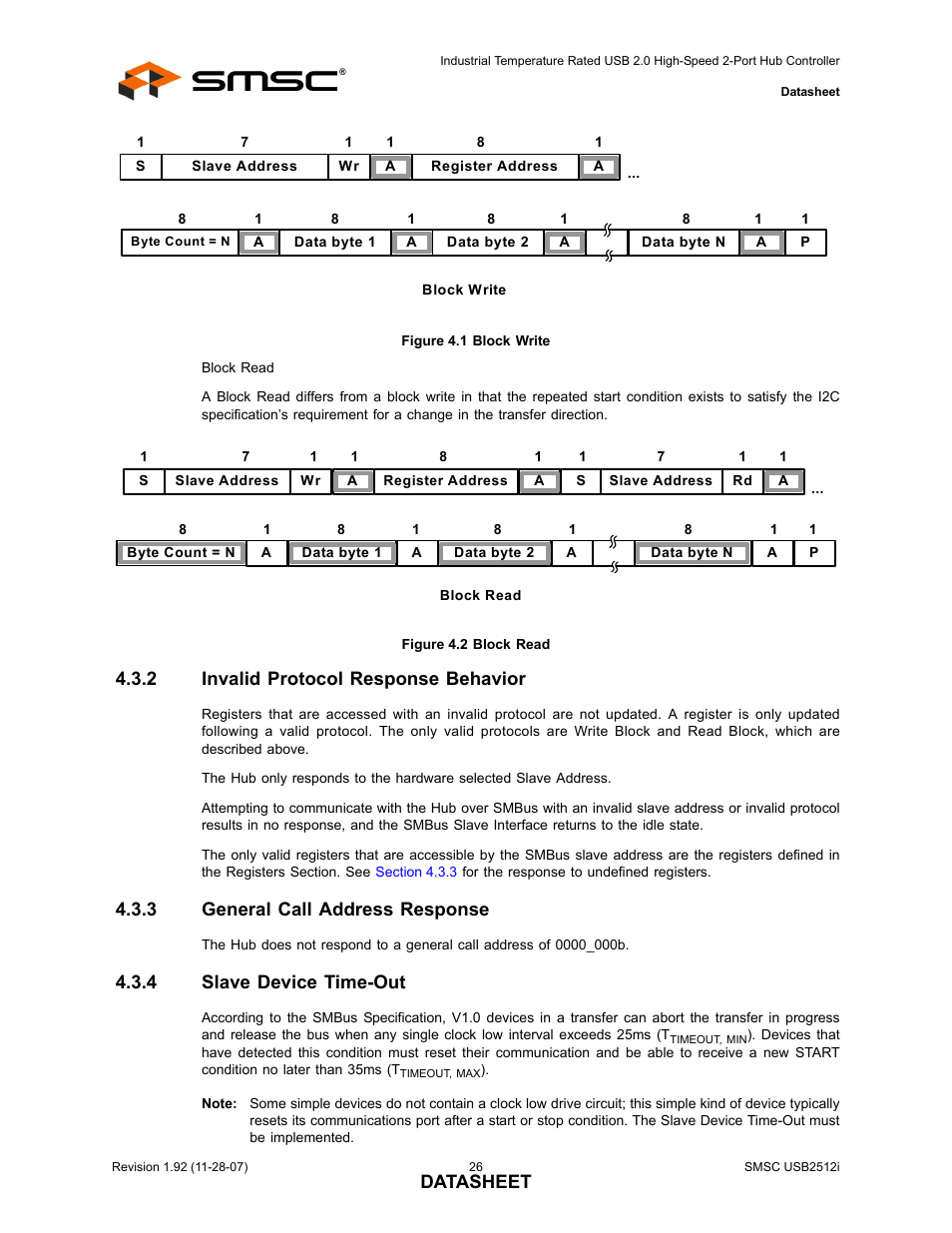 Figure 4.1 block write, Figure 4.2 block read, 2 invalid protocol response behavior | 3 general call address response, 4 slave device time-out, Invalid protocol response behavior, General call address response, Slave device time-out, Figure 4.1 block write figure 4.2 block read, Datasheet | SMSC USB2512i User Manual | Page 26 / 37
